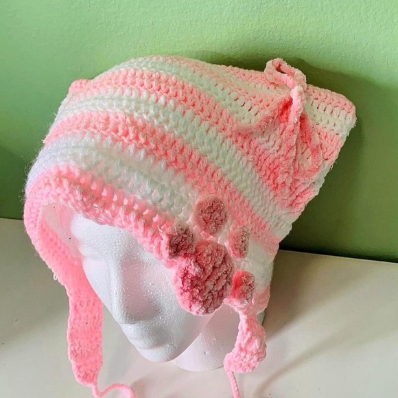 Handmade Pink & White Striped Crochet Cat Ear Bonnet - Picture 2 of 3